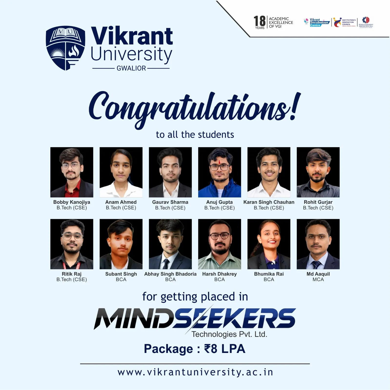 VU Students Secure ₹8 LPA at Mindseekers