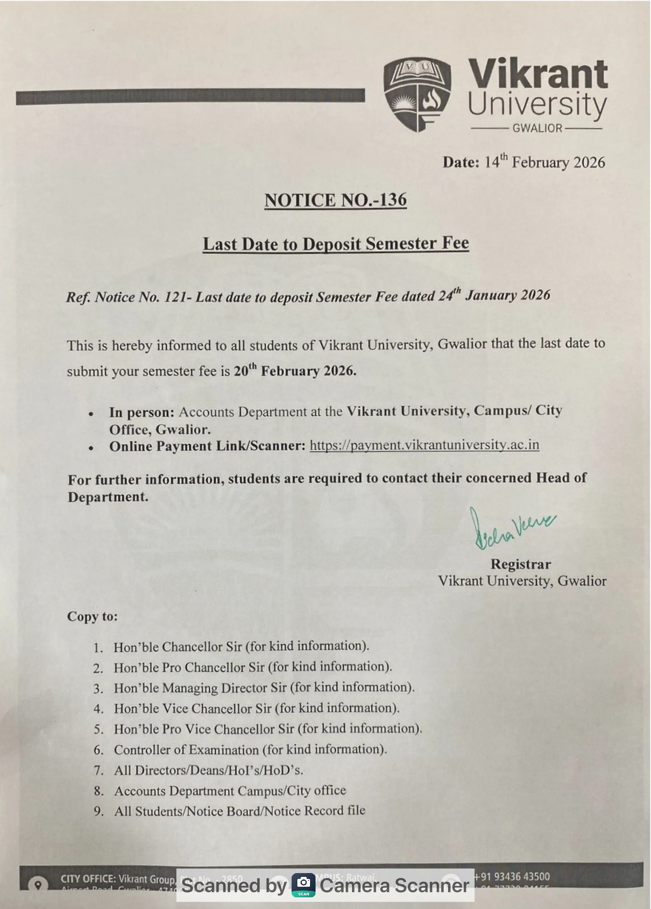 Last date to deposit semester fee for VU students